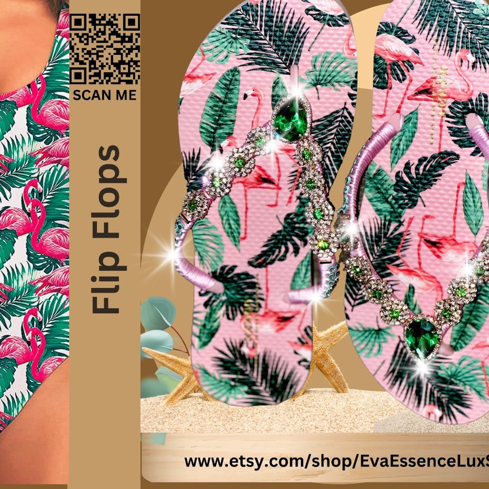 Pink Flamingo Flip Flops, Tropical Bird Sandals, Beach Shoes, Bachelorette Party - Picture 8 of 16